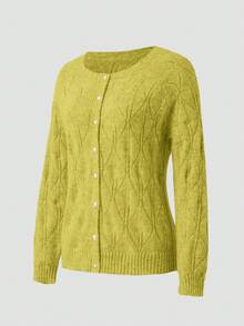 灰色纯色珍珠纽扣圆领长袖优雅开衫，适合秋季办公室、派对和社交场合穿着 | 穿着舒适 - 橄欖綠 - 查看 5