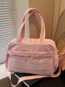 大容量纯色简约尼龙轻便手提行李包，多口袋拉链设计，带干湿分离隔层，适合健身、瑜伽、上学、旅行、度假等场合，可作旅行包、过夜包、耐用旅行收纳包、邮轮必备、度假必备，男女皆宜。