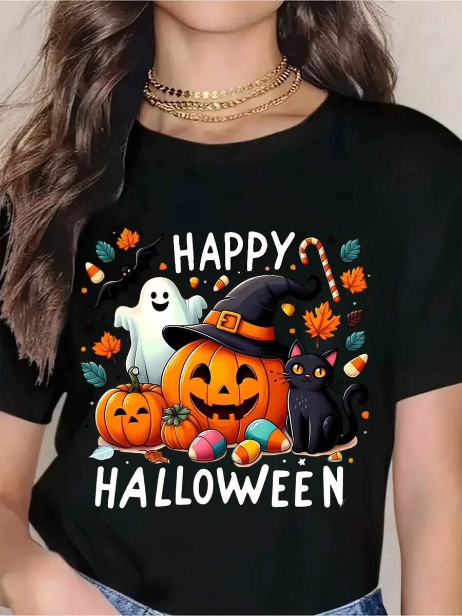Happy Halloween Pumpkin Ghost Cat Witch Hat Candy T-Shirt For Women - Festive Halloween Costume Tee With Cute Halloween Characters, Perfect For Halloween Party, Trick-Or-Treat, And Autumn Celebrations - màu đen - Xem 1