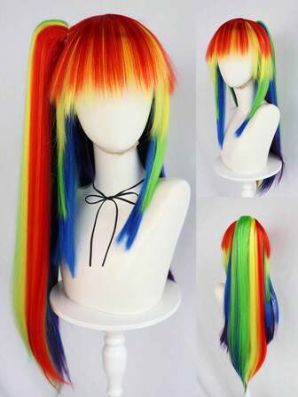 Peluca larga de anime recto con flequillo y extensiones de cola de caballo con pinzas para la mandíbula, resistente al calor, sintética sin pegamento, disfraz de pony para mujeres y hombres, ideal para regalos, cumpleaños, actuaciones, festivales, accesorios de escenario, decoraciones, etc.