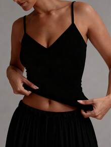 XLLAIS Sexy Backless V-Neck Women's Camisole, Elastic Casual Spaghetti Strap Summer Black Top, Essential For Back To School Season - Black - View 3