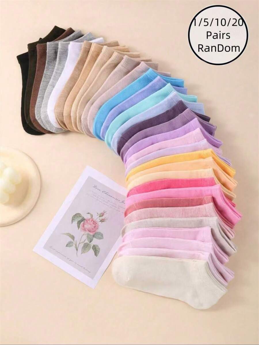 1/5/10/20 Pairs Women's Random Candy Color Flat Short Socks - Multicolor - View 1