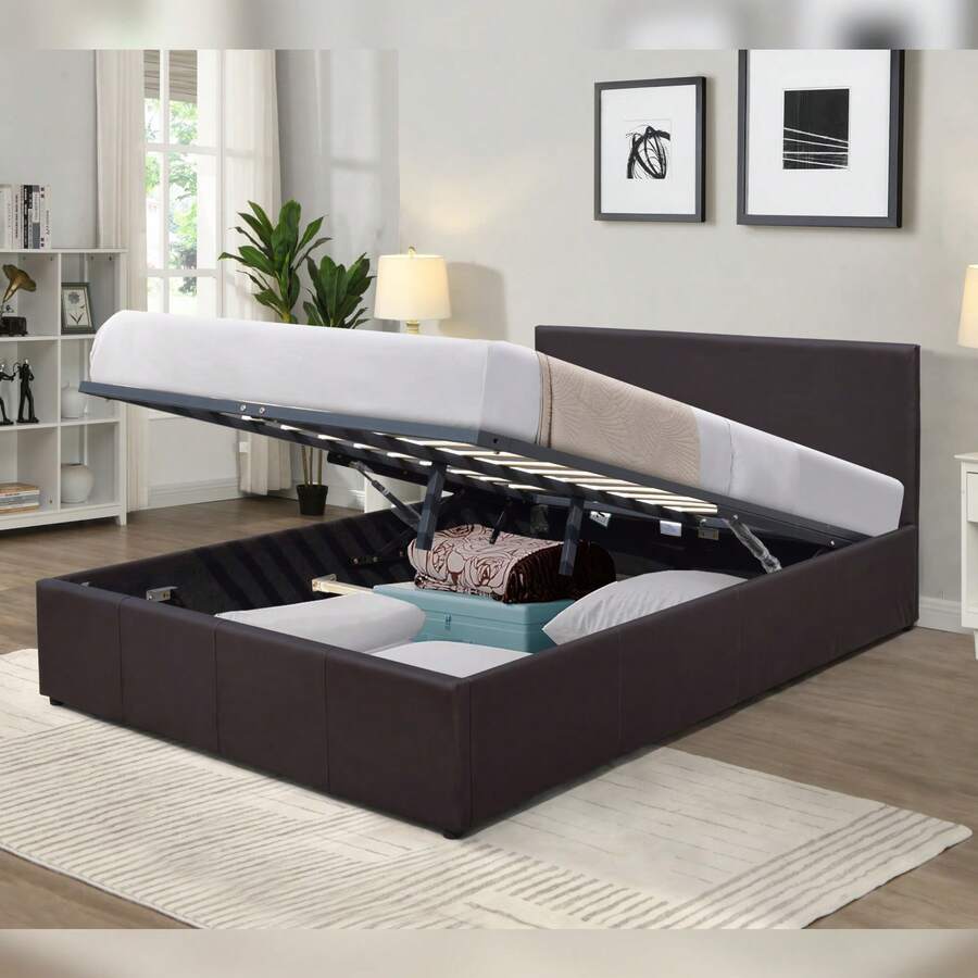 4ft6 Double Faux Leather Ottoman Bed Frame In Black Or Brown - Brown - View 1