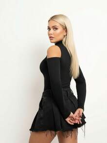 Bori Women's Bodysuit Long Sleeve Cutout Bust Hollow Out Sleeve High Neck Chic Timeless Leotard Second Skin - 黑色 - 查看 2