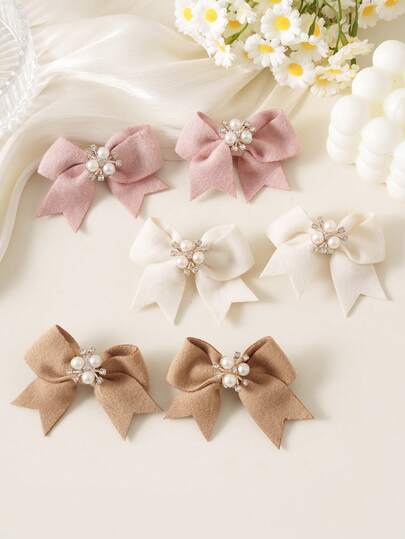 6pcs Girls' Solid Color Premium Pearl Crystal Wool Felt Bow Hair Clips, Fashionable Hair Accessories, Suitable For Teens/Girls, Party And Daily Wear, Great Gift For Birthday And Holidays
