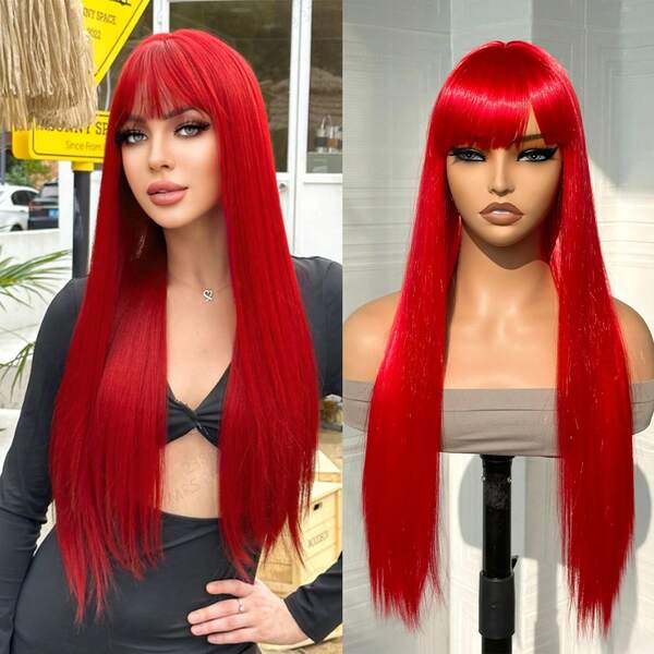 26 Inch Long Straight Hair Wigs Natural Black Heat Resistant Fiber Hair Black Wig With Bangs Halloween Cosplay Party Wig For Fashion Women