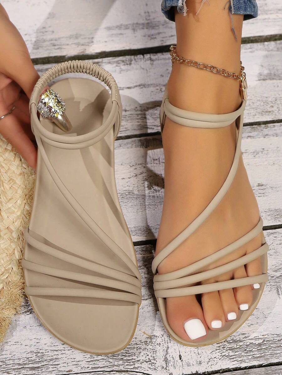 A Pair Of Shoes Elegant Vacation Beach PU Leather Criss Cross Flat Sandals Beach Holiday School Vacation Party Office Home Summer - 卡其色 - 查看 1