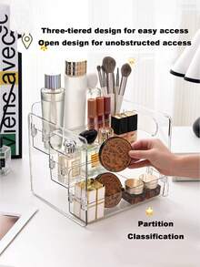 Multipurpose Cosmetic Storage Box With Partitions, Transparent Skin Care Product Rack - Plastic Cosmetic Dressing Table Storage Box, Suitable For Girls' Dressing Table, Bathroom, Desk Counter - Clear - View 2