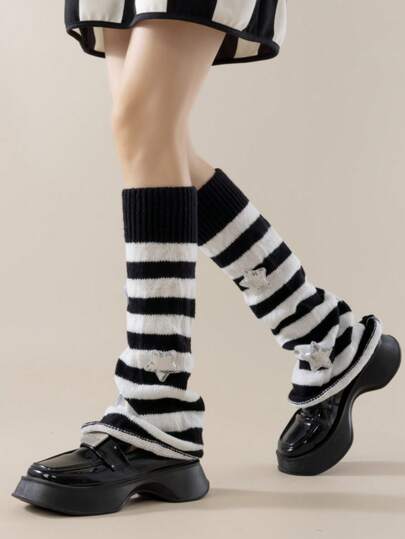 1 Pair Women Striped White Leg Warmers With Star Pendant, JK Lolita Thigh High Knitted Leg Warmers, Black Japanese Style Knee-High Leg Warmers