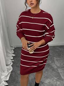 Plus Size Casual Color Block Striped Ribbed Crew Neck Sweater Dress, Autumn/Winter - Red - View 1