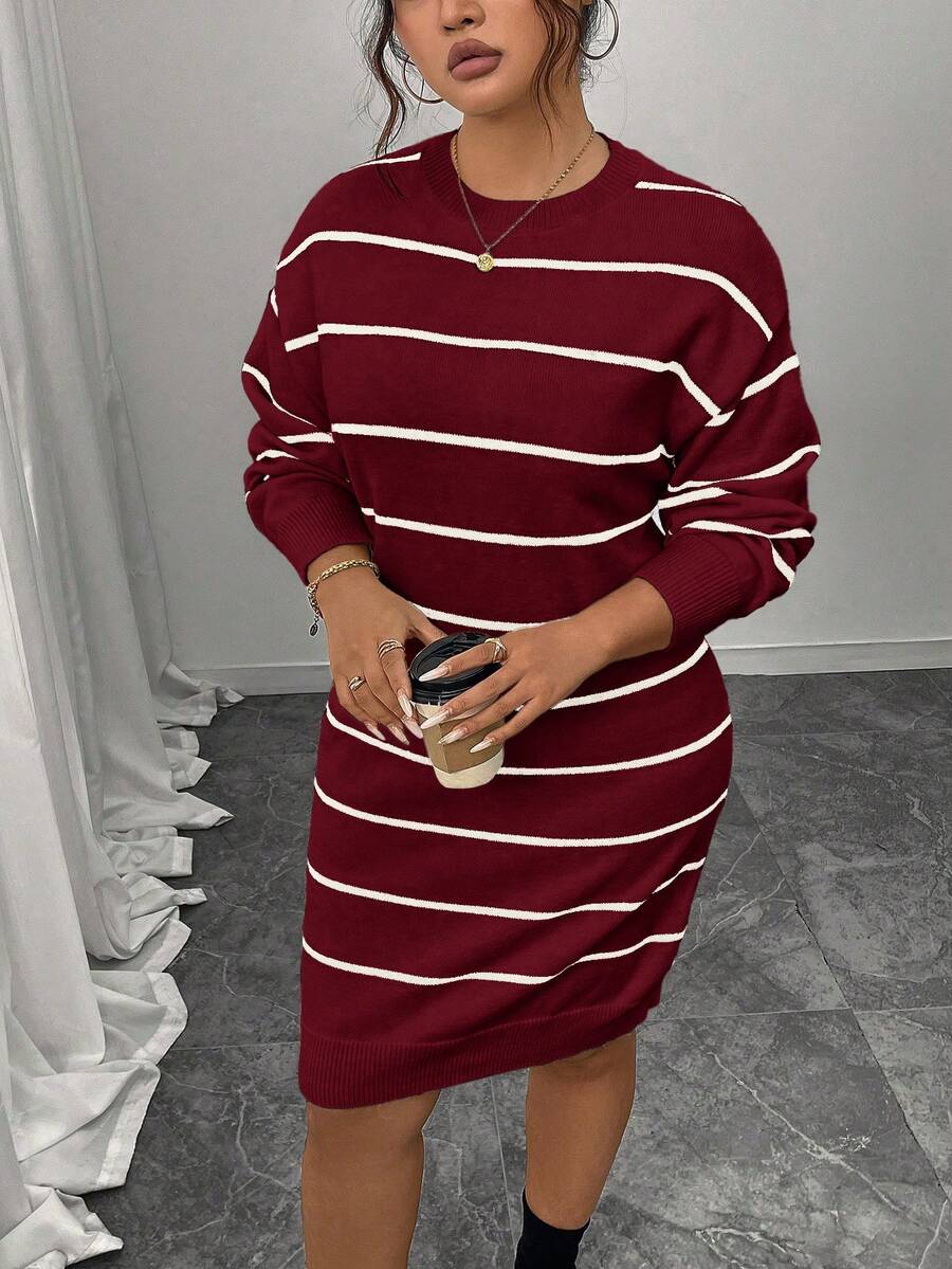 Plus Size Casual Color Block Striped Ribbed Crew Neck Sweater Dress, Autumn/Winter - Red - View 1