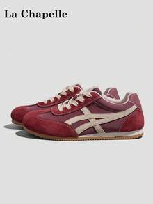 1 đôi giày nữ La Chapelle đế dày buộc dây, đế mềm, giày bệt cổ thấp ngoài trời, mũi tròn, gót thấp, màu trơn, thanh lịch, đế mềm, thích hợp cho sinh viên chụp ảnh tốt nghiệp, giày thể thao da cổ thấp nữ - Đỏ cổ điển - Xem 3