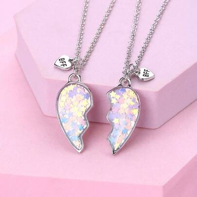 2Pcs/Set Best Friends Pendant Necklace Heart Splicing For Bffs&Couples Party Jewelry Accessories Gift Friendship Forever Party Jewelry Accessories Gift Necklace Popular Geometry Adjustable Couple Necklace