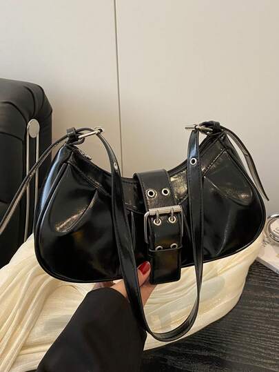 1pc Women's Retro Moto Punk Rivet Decor Adjustable Strap Large Capacity Soft Faux Oiled Leather Ombre Shoulder/Underarm Bag, Suitable For Work, Commute, Date, Party , Goth