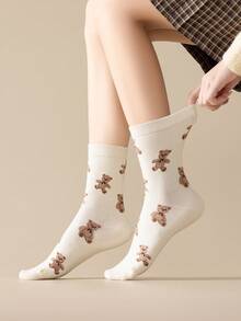 2/5 Pairs Women's Multicolor Combination Socks, Double Flocked Bear & Striped Patchwork, Breathable Knit Fabric, Spring/Summer Couple Style, Casual Versatile, Sweet Cute Sailor Socks, Suitable For Home, Commute, Date, School, Holiday Gift - Multicolor - View 5