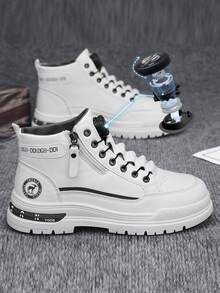 男士高帮皮革摩托车靴，旋转扣设计，纯色，厚底，户外骑行，派对，旅行，校园，学生，青少年，四季皆宜，皮革，舒适的衬里，靴子，侧拉链和旋转扣设计，方便，摩托车靴，户外靴 - 白灰 - 查看 3