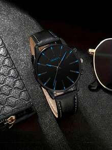 4pcs Men's Gift Set, Minimalist Scale Leather Quartz Watch, Arrow Pendant Necklace, Bracelet, Ring Set, With Round Dial And Synthetic PU Leather Strap, Suitable For Business Occasions, Birthday Gift - Black - View 2
