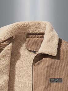 Teen Boy Solid Color Thermal Lined Warm Zip-Up Jacket With Letter Patch, Winter - 卡其色 - 查看 3