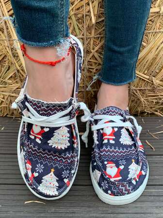 Women's Autumn/Winter New Casual Sports Shoes, Versatile For All Seasons, Christmas Gift/Santa Claus Christmas Tree Print, Round Toe Outdoor Shoes, Lightweight Low-Top Sneakers For Couples, Street, Nightclub, Parties
