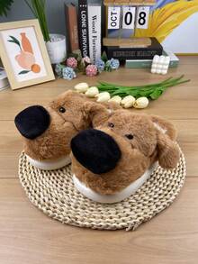 Chinelos de Algodão com Formato de Cachorro Fofo para Mulheres, Forro de Pelúcia Quente de Inverno, Sola Antiderrapante, Chinelos de Quarto