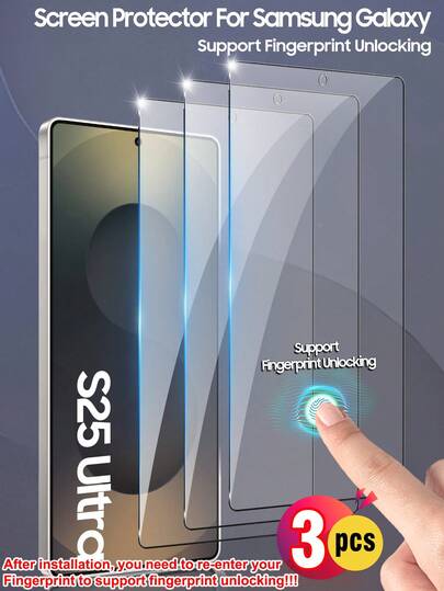 ZYONS 3片装屏幕保护膜，兼容三星Galaxy S系列，包括Galaxy S25 Ultra/S25+/S25/S24 Ultra/24 Plus/24/23/22/21，0.2秒指纹解锁，9H硬度钢化玻璃，全屏覆盖，防指纹，防摔，防刮花，无气泡，生日、送给家人、朋友的绝佳礼物，智能手机屏幕保护膜，手机配件