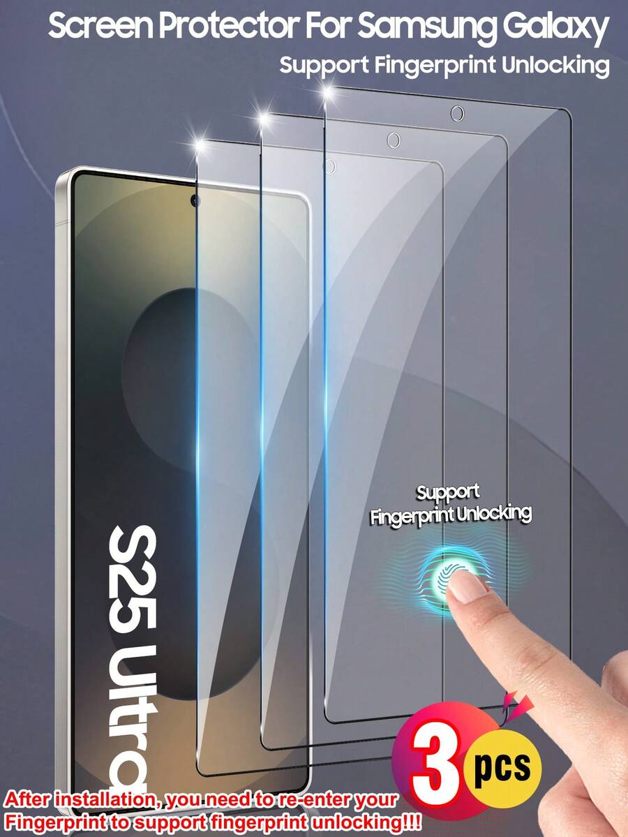 ZYONS 3片装屏幕保护膜，兼容三星Galaxy S系列，包括Galaxy S25 Ultra/S25+/S25/S24 Ultra/24 Plus/24/23/22/21，0.2秒指纹解锁，9H硬度钢化玻璃，全屏覆盖，防指纹，防摔，防刮花，无气泡，生日、送给家人、朋友的绝佳礼物，智能手机屏幕保护膜，手机配件 - 3件 - 查看 1