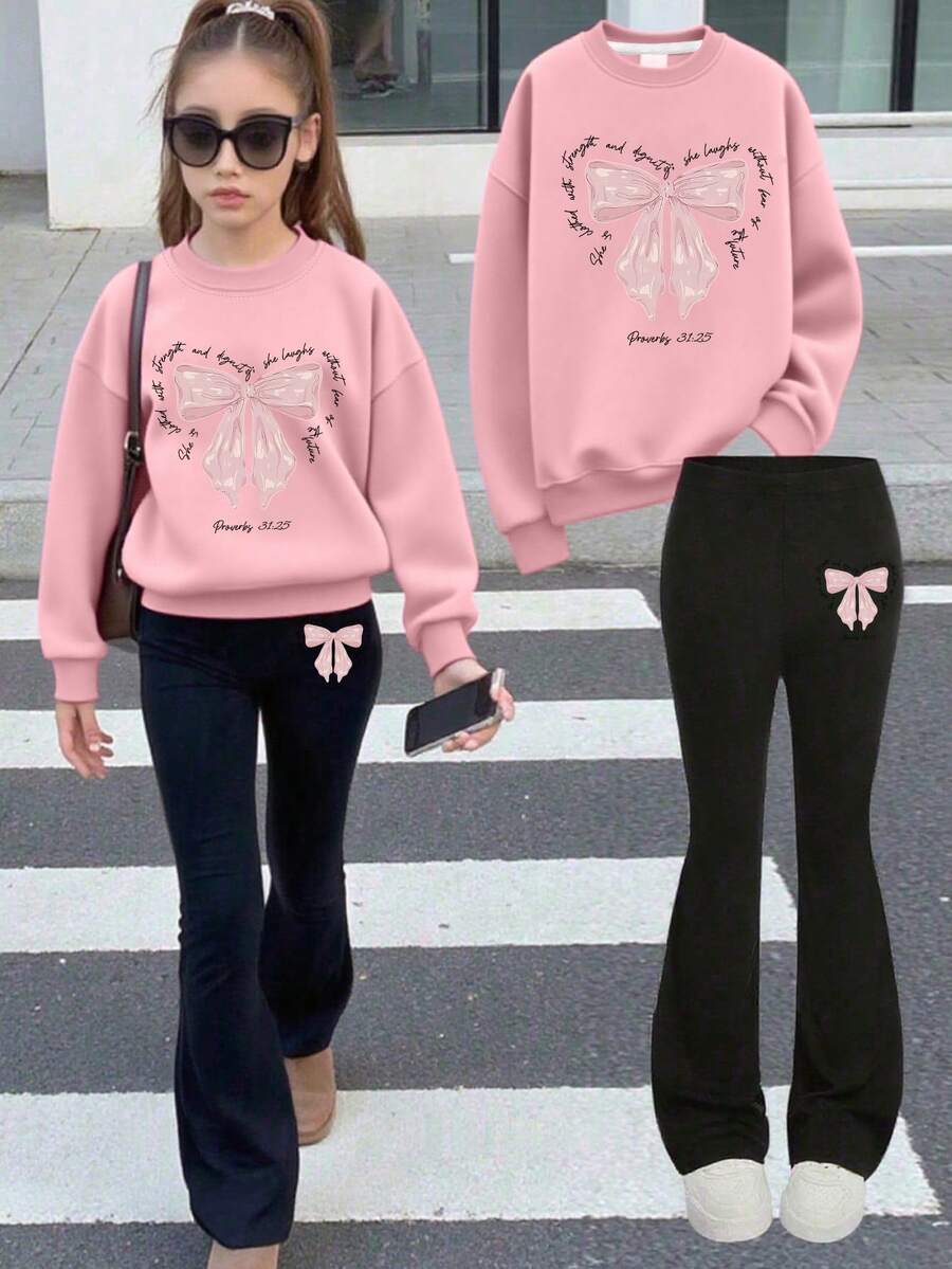 2 Pieces Teen Girls Soft Cute Slogan Bow Print Long Sleeve Hoodie Set, Teen Fashion For Lake Outing, Summer-Fall - Pink - View 1