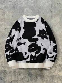 ANDREILEE Unisex Casual Loose Pullover Sweater With Cute Cat Intarsia Pattern, Relaxed Fit Round Neck Long Sleeve Knitted Tops For Spring, Autumn And Winter - Grey - View 3