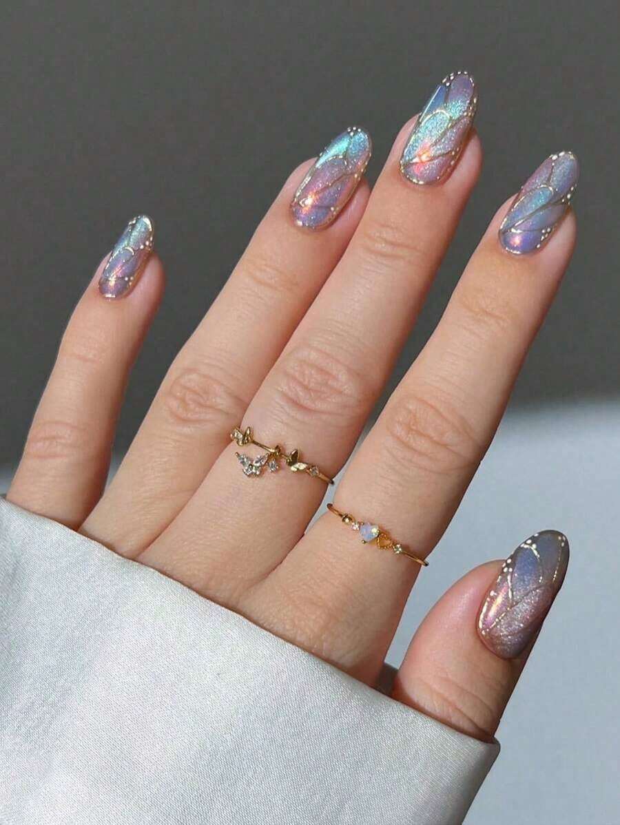 24Pcs Y2K Style Nails Medium Almond Cat Eye Press On Nails Gorgeous Colorful French Glossy Full Cover Fake Nail Graceful Butterfly False Nails For Women And Girls - Includes Nail File & Jelly Adhesive Nail Supplies Nails - Nhiều màu - Xem 1