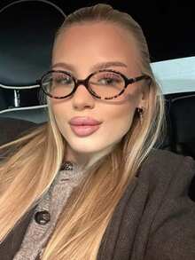 一副复古小椭圆形透明镜片眼镜，复古个性化无度数眼镜，女士眼镜，适合街头摄影、旅行、度假、海滩穿着 - 07222-豹紋 - 查看 2