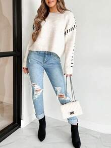 Women's Casual Cute Handmade Stitch Contreast Trim Knitted Sweaters Crew Neck Drop Shoulder Long Sleeve White Fall Winter Going Out