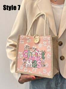 Geantă tote cu model de Crăciun Fericit, geantă tote reutilizabilă pentru femei cu imprimeu, geantă de școală și cumpărături cu mâner dublu, geantă de umăr cu capacitate mare, geantă tote casual, geantă de depozitare de Crăciun, geantă de cumpărături decorată cu nasturi, mâner dublu, geantă tote, reutilizabilă, potrivită pentru nuntă, ziua de naștere, plajă, festival, cadou pentru prieteni și cele mai bune prietene, cadou pentru profesori, alegerea perfectă pentru vacanță și festival
