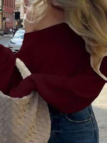 Women's Solid Off Shoulder Knit Blouse, Fall Winter Slim Cropped Sweater - Burgundy - View 5