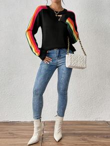 女士彩色彩虹条纹休闲圆领长袖毛衣，秋冬季黑色 - 黑色 - 查看 8