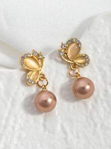 1 对复古法式浪漫宫廷风格经典简约高端蝴蝶仿珍珠耳钉（不含卡） - 珍珠耳環 - 查看 3