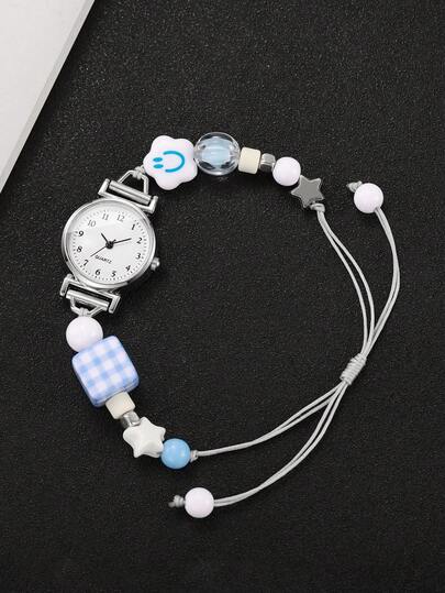 1 relógio de presente feminino com pulseira de cordão com contas, mostrador minimalista moderno, relógio de pulso de quartzo elegante (1 peça/conjunto), caixa de relógio não incluída