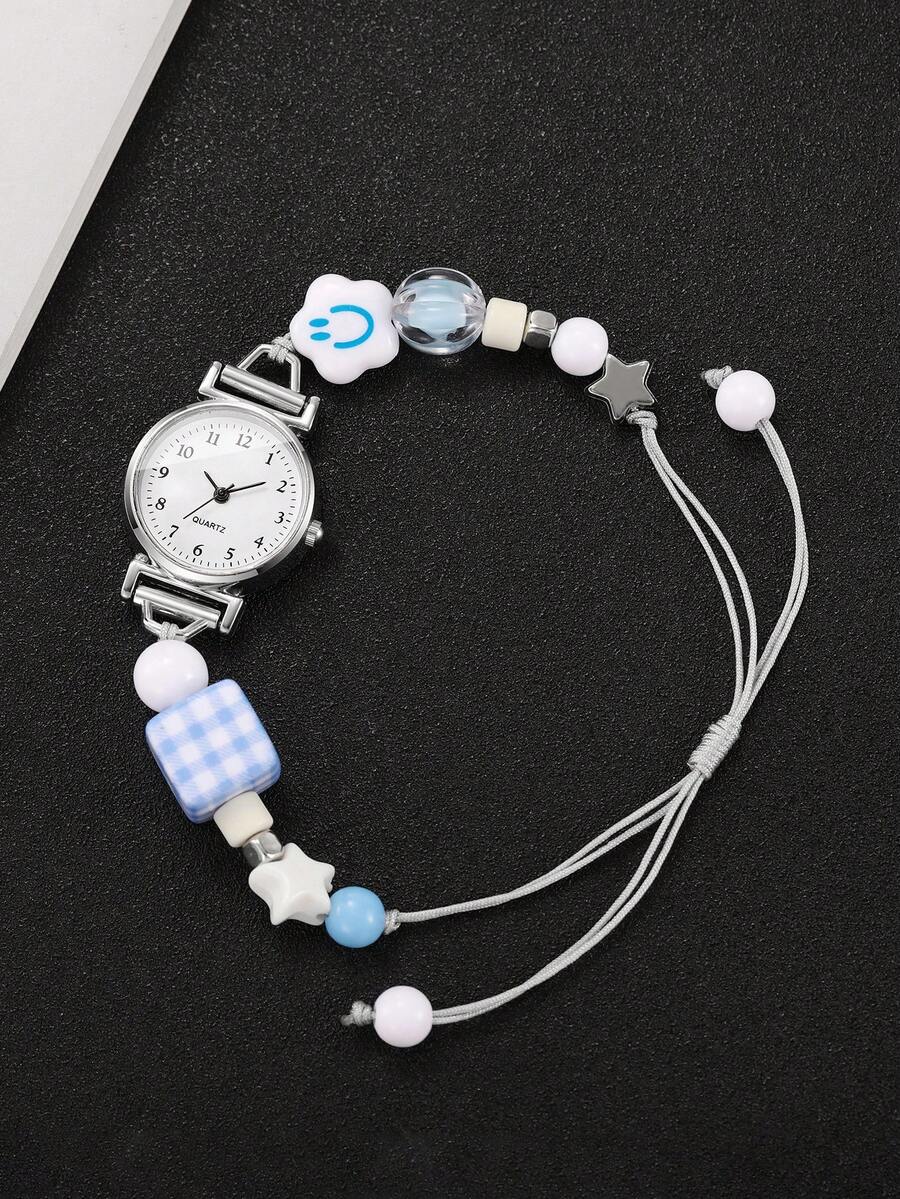 1pc Women's Gift Watch With Beaded Drawstring Band, Fashion Minimalist Dial, Elegant Quartz Wristwatch (1pc/Set), Watch Box Not Included - Silver - View 1