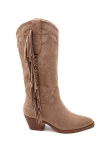 Western Fringe Boots - Soft Suede, Angled Heel - Khaki - View 3