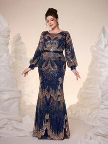 Mgiacy,New Arrival,Elegant Plus Size Long Navy Formal Dress,Round Neck,Sequin,Elegant,Plus Size Evening Gown Dress,Perspective,Belt,Lantern Sleeve,Package Hip,Mermaid Hem Dress,FOR,Dinner Party,Party Dress,Wedding Guest Dress, Evening Dress - Navy Blue - View 2