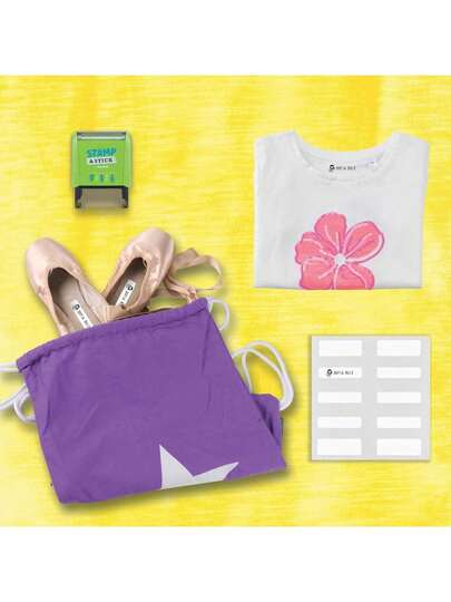 Sello textil Trodat Stamp and Stick, kit con etiquetas, cinta para ropa y set de letras, números e iconos, 3 líneas de texto, altura 4mm, tinta negra