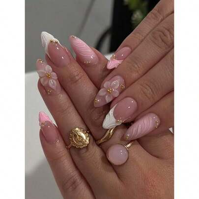 24pcs/Set Elegant Gradient Pink & White Almond-Shaped Nail Stickers With 3D Floral & Pearl Decor, Includes Gel Polish And Nail File, Suitable For Girls/Women For Daily, Party, Autumn Nails Nail Supplies