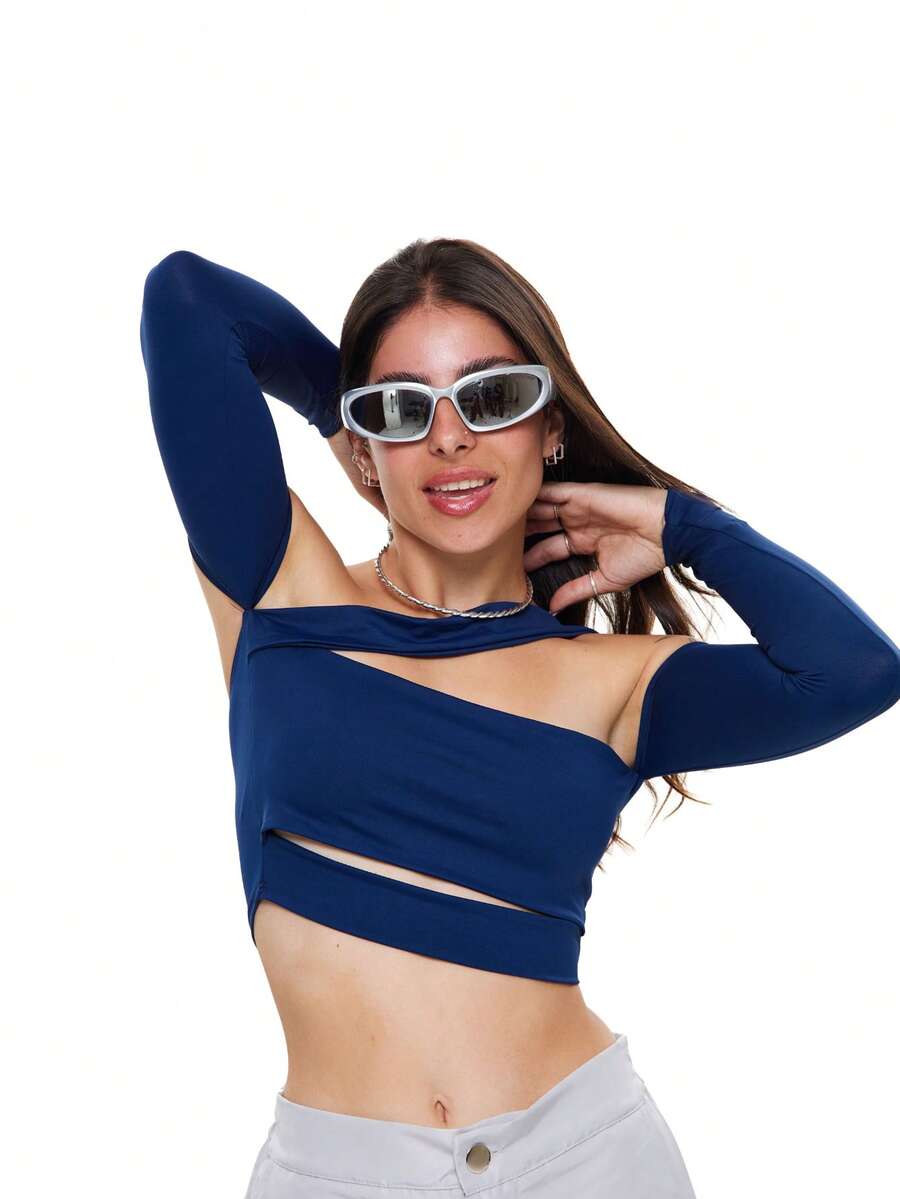 GABI CROPPED TOP WITH LONG SLEEVE CUTOUTS - Navy Blue - View 1