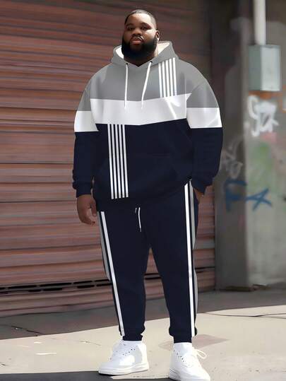 Conjunto de sudadera con capucha de talla grande para hombres con diseño a rayas de bloques de color de ZhuYa, de estilo Ins, de ajuste holgado, cómodo, con sudadera holgada + pantalón de chándal con cordón, versátil para el estilo urbano y hip hop, para primavera, otoño e invierno