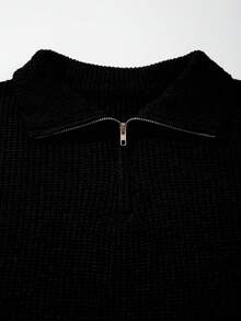 秋冬新款针织休闲宽松套头毛衣，简约风格，串珠纹理，通勤商务休闲领拉链长袖男女通用 - 黑色 - 查看 7