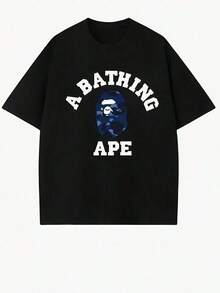 APE Anime Pattern-Shirt Men's% Cotton Casual Versatile Comfortable Breathable Short Sleeves - 黑色 - 查看 1