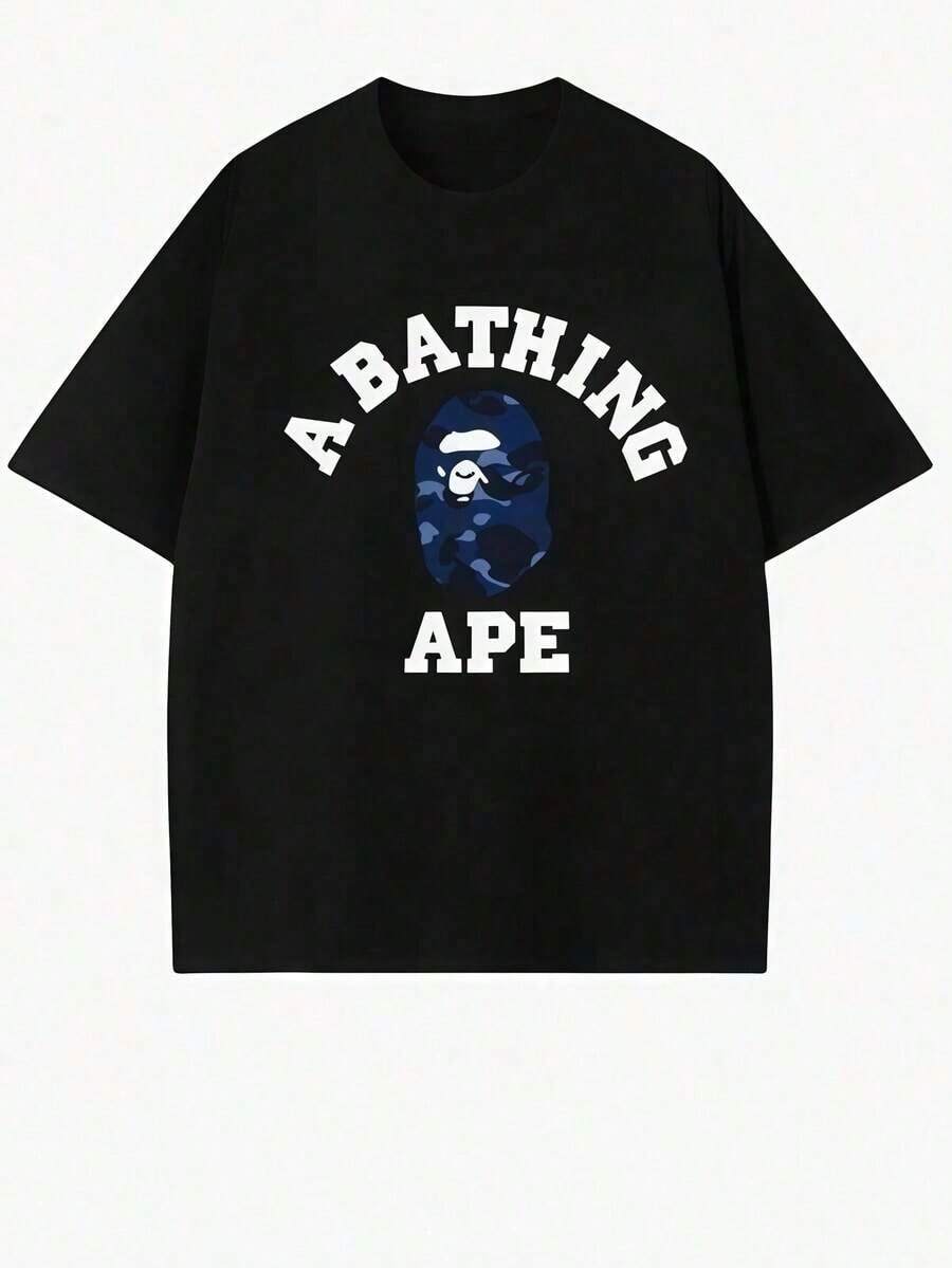 APE Anime Pattern-Shirt Men's% Cotton Casual Versatile Comfortable Breathable Short Sleeves - 黑色 - 查看 1