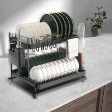 Cestelli per piatti, scolapiatti a 2 ripiani, scolapiatti, griglia di scolo con vassoio, con portacoltelli e porta tagliere, nero