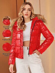 ZIAI Women's Solid Color Long Sleeve Zipper Shiny Fur Hooded Short Down Jacket - Red - View 2