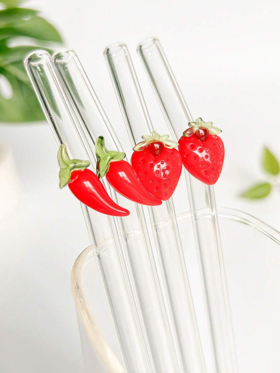 1/2/4pcs Reusable Transparent Bent Glass Drinking Straws With Red Strawberry Chili Pendant And Cleaning Brush, Suitable For Cold Drinks, Milk Tea, Coffee, Juice, Milkshake, Cocktail, Home, Back To School, Autumn Gifts, Halloween, Christmas - Style 1 - View 1