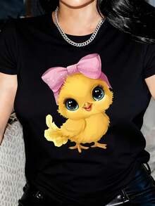 Women'S Cute Chick Graphic T-Shirt - Soft Gray Casual Summer Tee With Pink Bow & Blue Eyes, Round Neck, Short Sleeve, Lightweight  Blend For Casual Attire, Casual Summer Wear  Playful Graphic Tee  Medium Elasticity - 黑色 - 查看 1